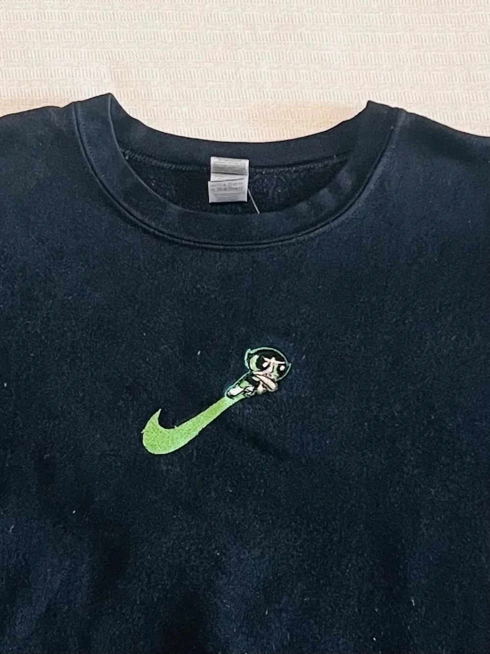 Black Crew Sweatshirt with Lime Green Swoosh and Character Embroidery